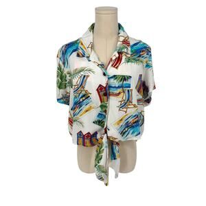 Vintage Y2K Caribbean Joe Tie Front Camp Shirt, Boat Harbor Beach Print Size PXL